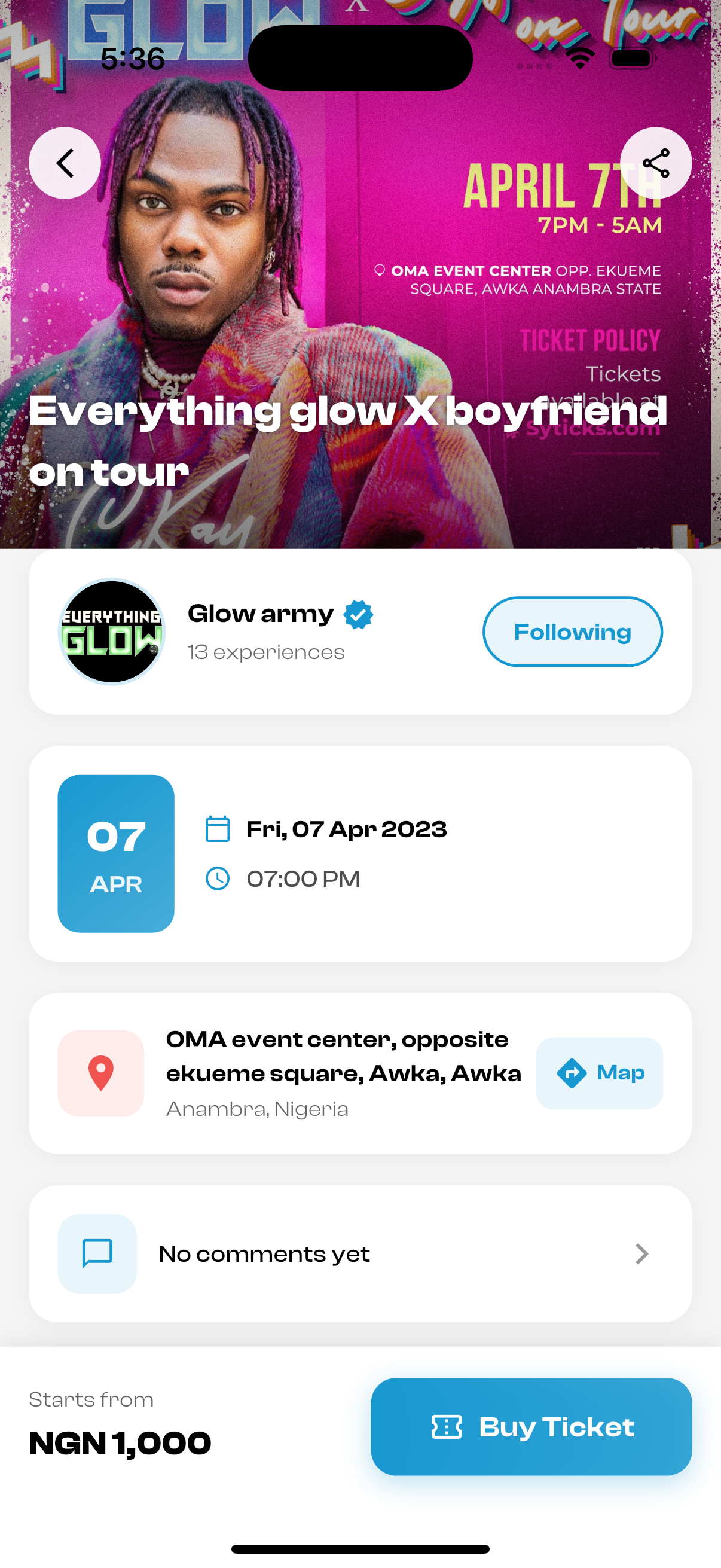 Syticks event detail page showing ticket tiers and purchase button
