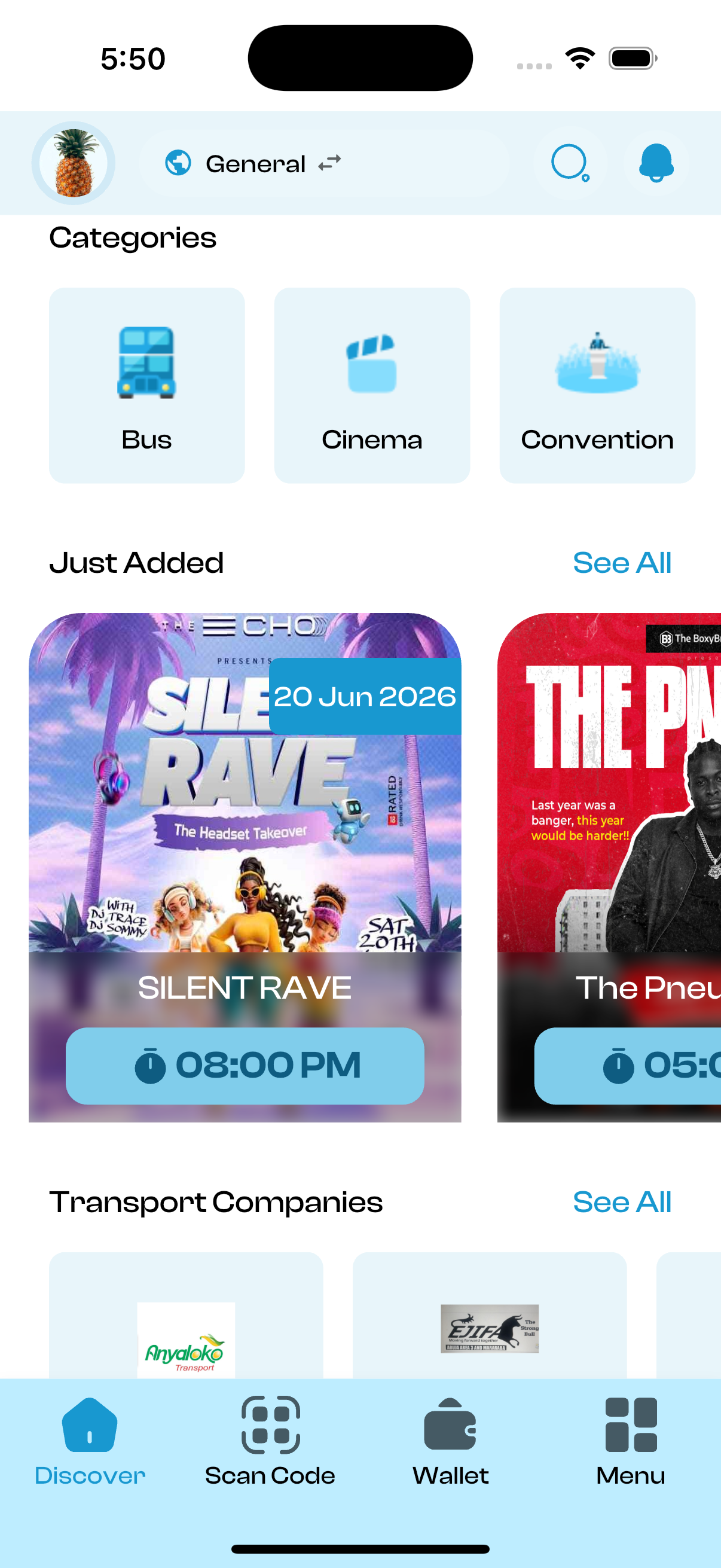 Syticks app home screen showing Events, Cinema, Transport, and Hotels booking categories