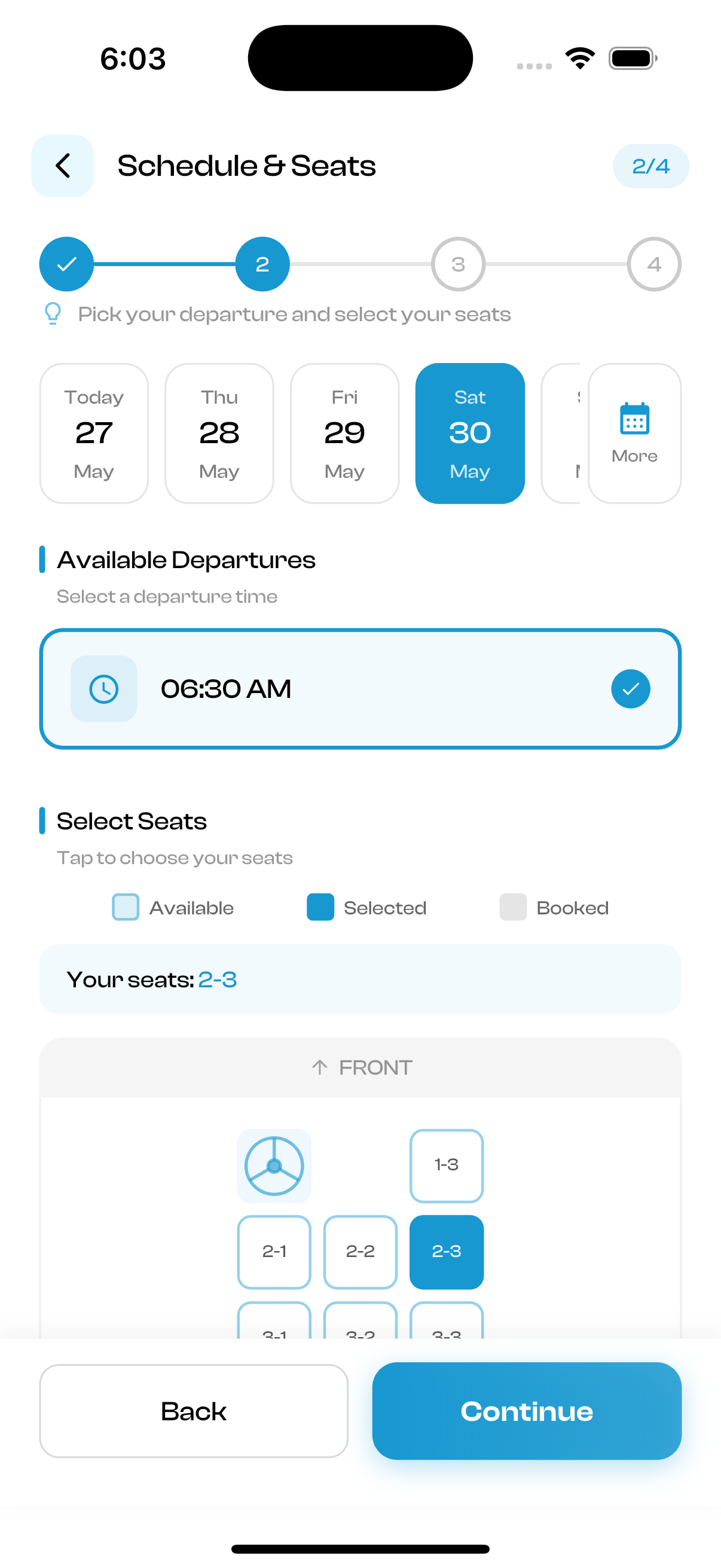 Syticks bus seat selector showing visual seat map with available and booked seats