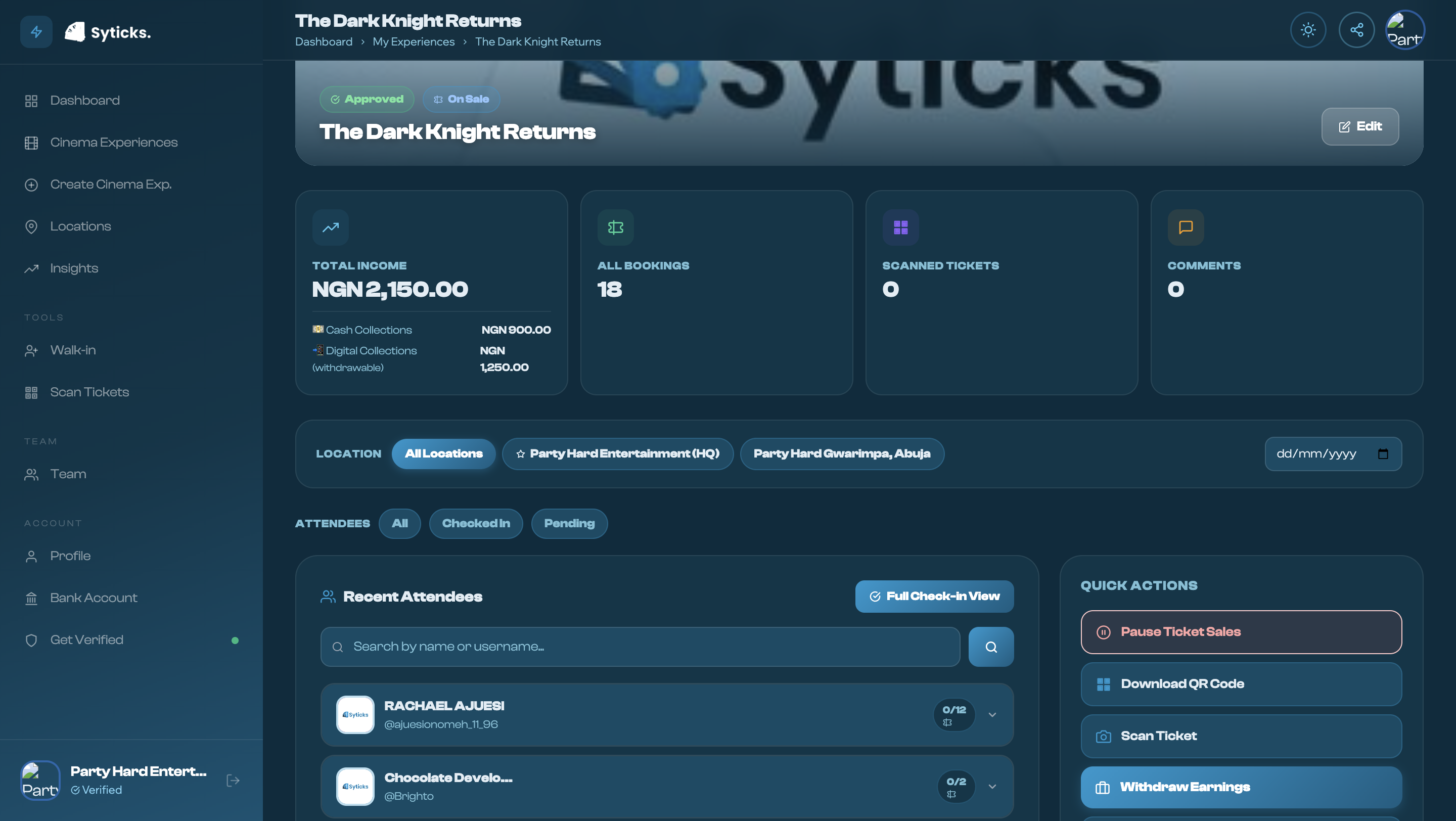 Syticks cinema locations dashboard showing multiple branches with attendance and revenue stats