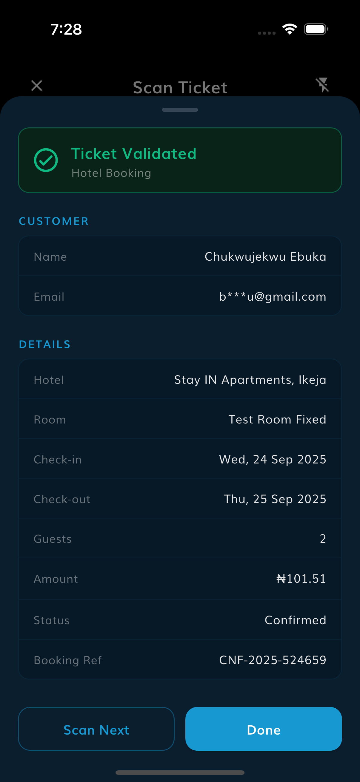 Syticks guest check-in screen on mobile showing booking confirmation and check-in process