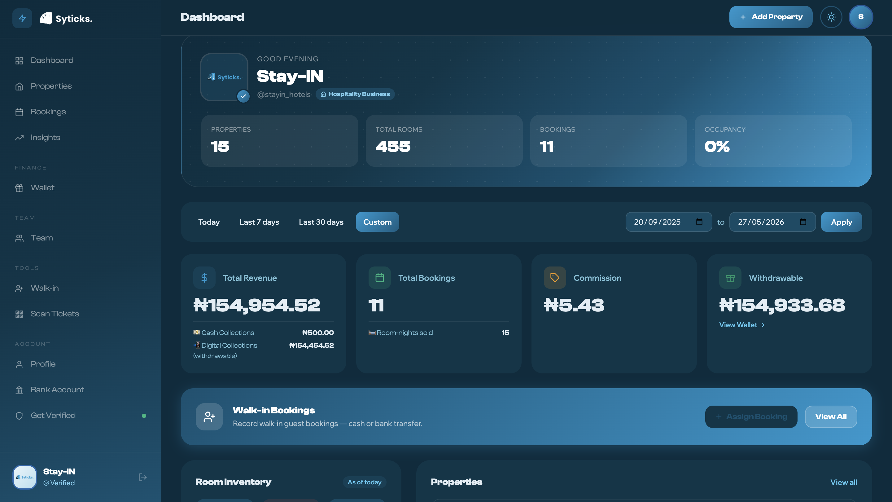 Syticks hospitality properties dashboard showing multiple properties with occupancy statistics
