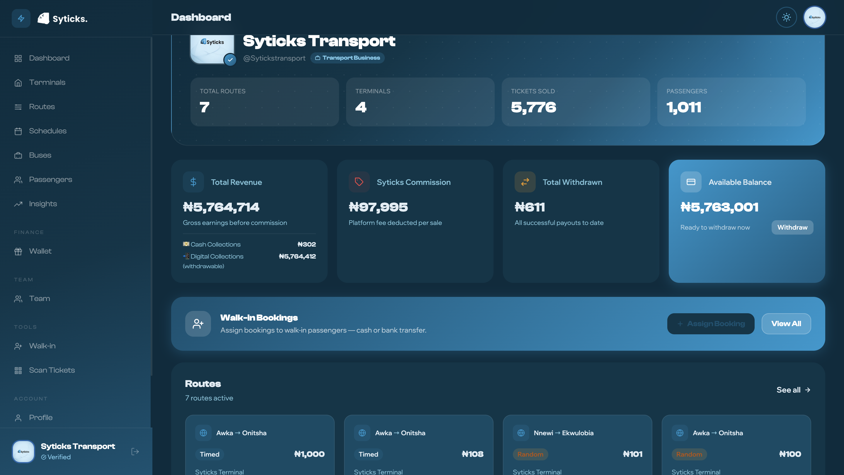 Syticks transport routes dashboard showing route names, revenue, and passenger counts